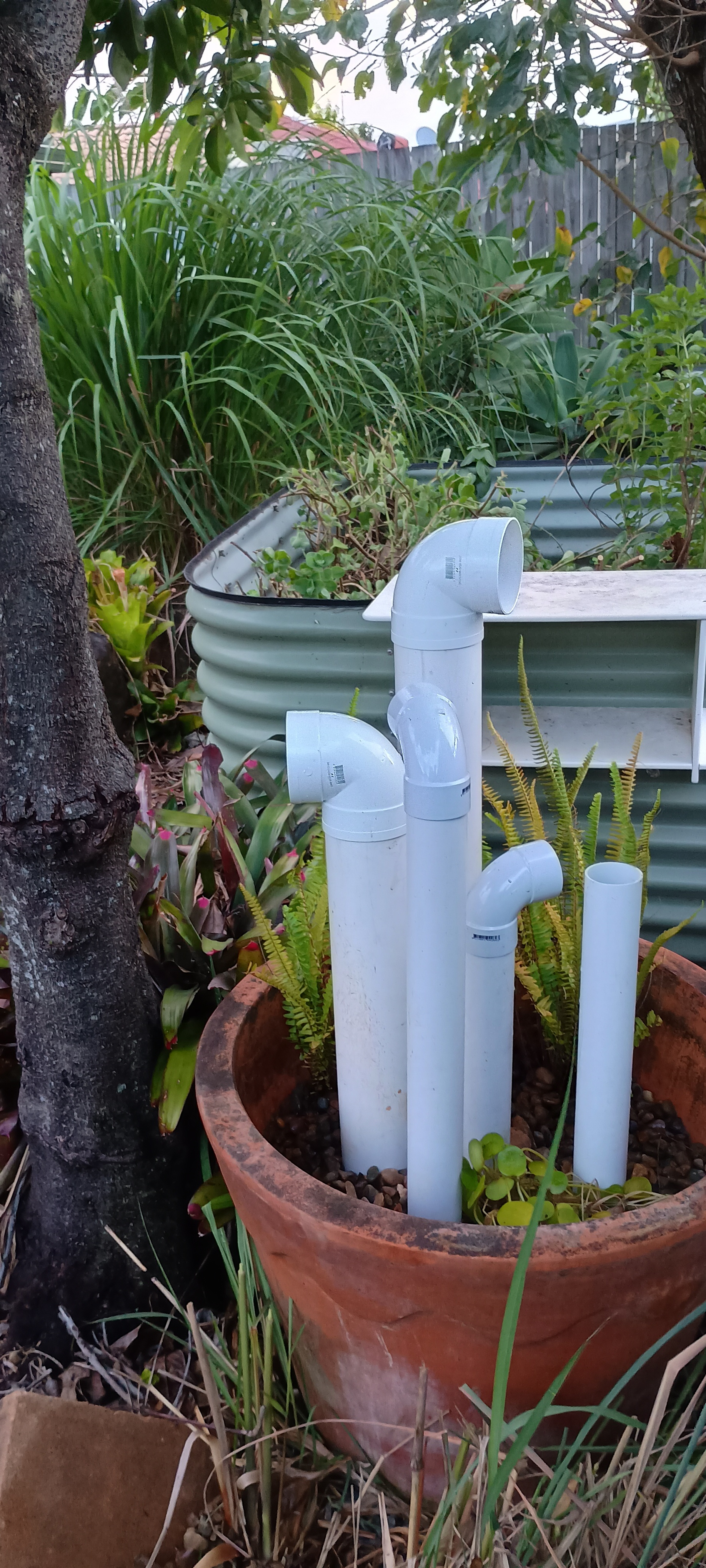 A larger frog hotel made from multiple white PVC pipes and elbow joints, positioned in a lush garden bed with ferns and a large terracotta pot