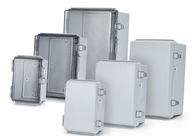 Hinged waterproof enclosures with latch lids and perforated mounting plates in various sizes