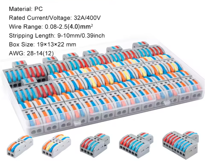 Lever-style fast wiring connectors in a storage box with two to six port variants