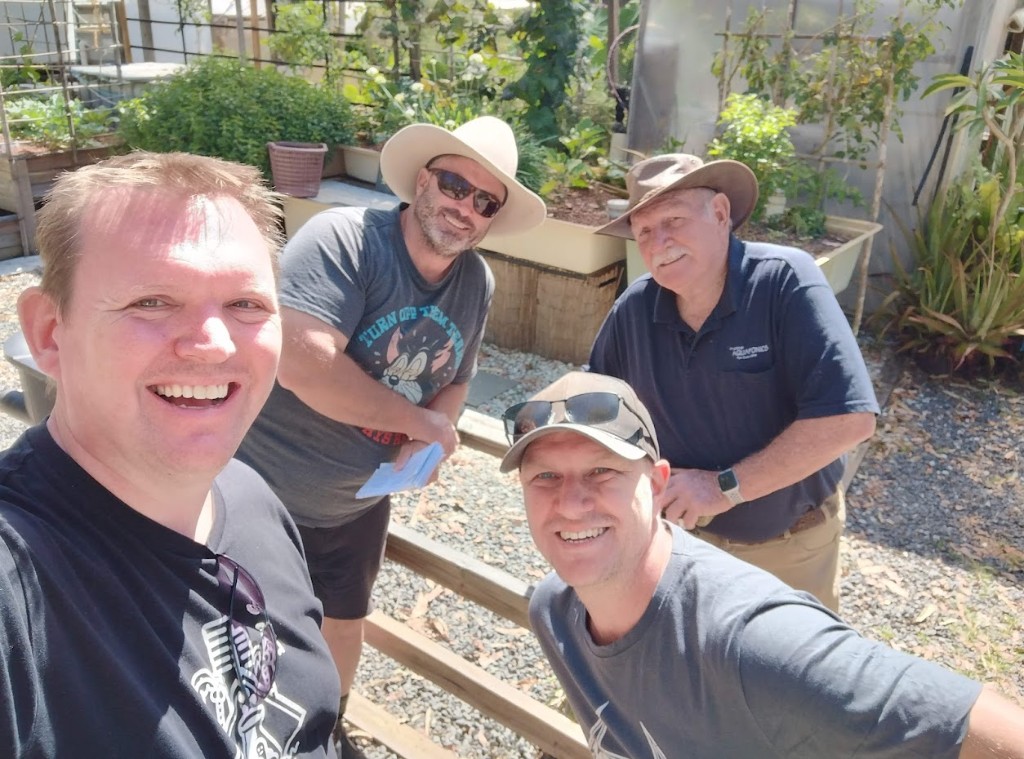 Steve Dalton, Rohan, Skip and Murray Hallam at Murray's aquaponics place in Queensland