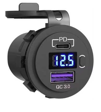 Panel-mount 12V or 24V USB-C PD and QC 3.0 fast charging socket with voltage display