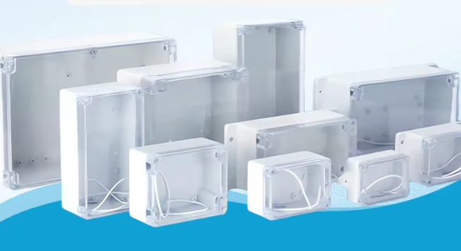 Clear-lid waterproof plastic enclosures in various sizes with screw-down lids and gaskets