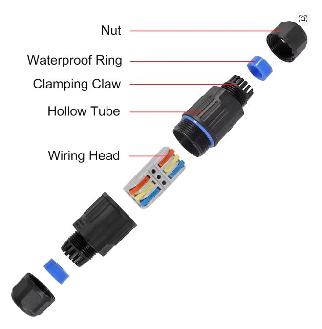 Exploded view of a waterproof inline cable junction box with lever terminals and gland seals